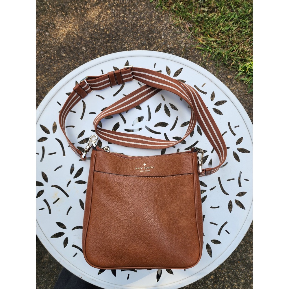 Kate Spade Brown Pebbled Leather Crossbody Bag with Striped Webbing Strap